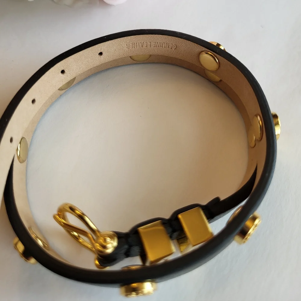 Rustic Cuff Black Leather Double Wrap Bracelet Studs Buckle Closure Goldtone - Picture 7 of 11
